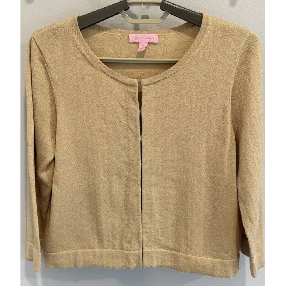 Lilly Pulitzer Gold Sparkle 3/4 Sleeve Crop Sweater Hook Eye Closure‎ Size M